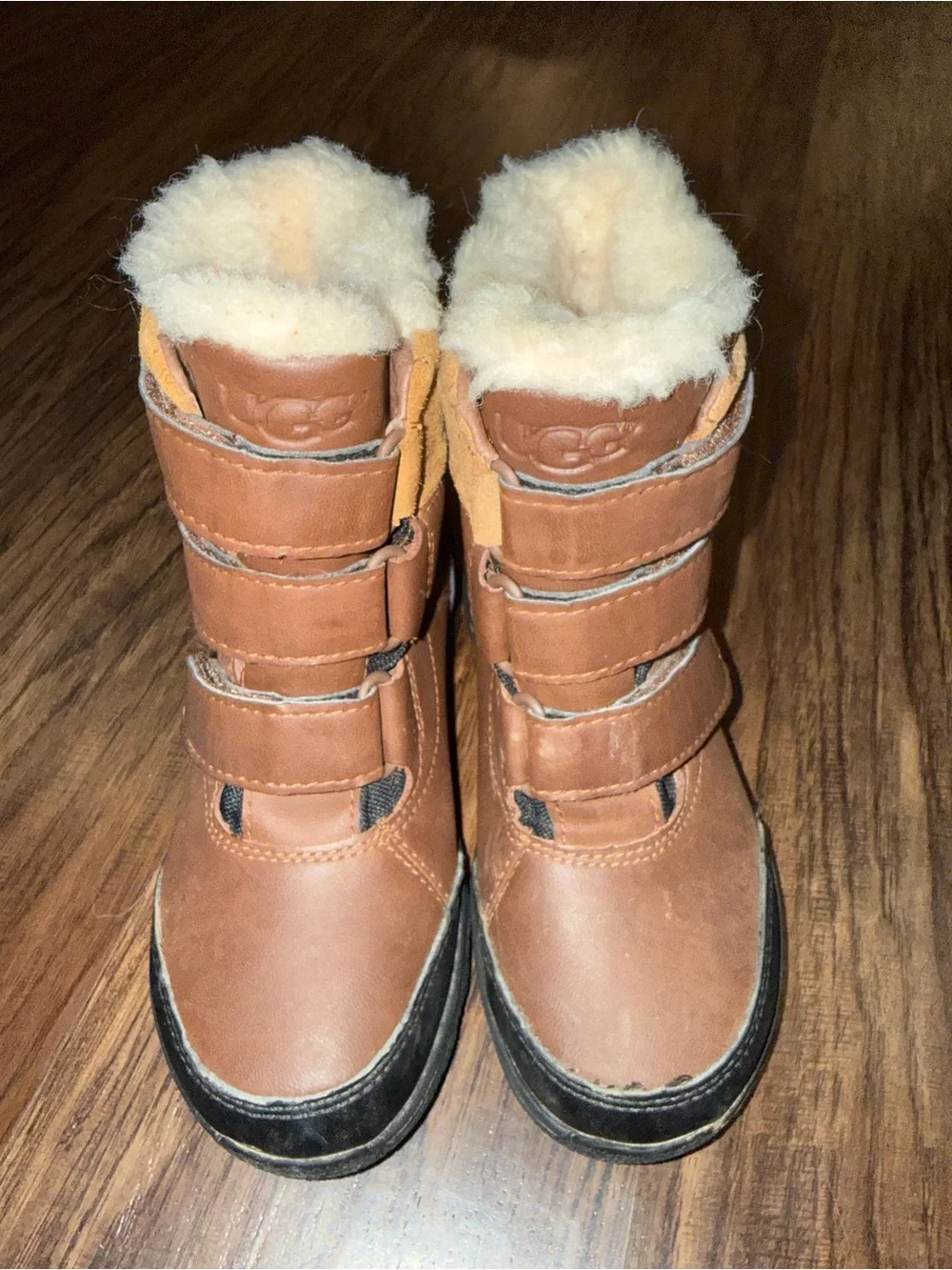 Kids Ugg Brown Shearling-Lined Winter Boots - Velcro Closure